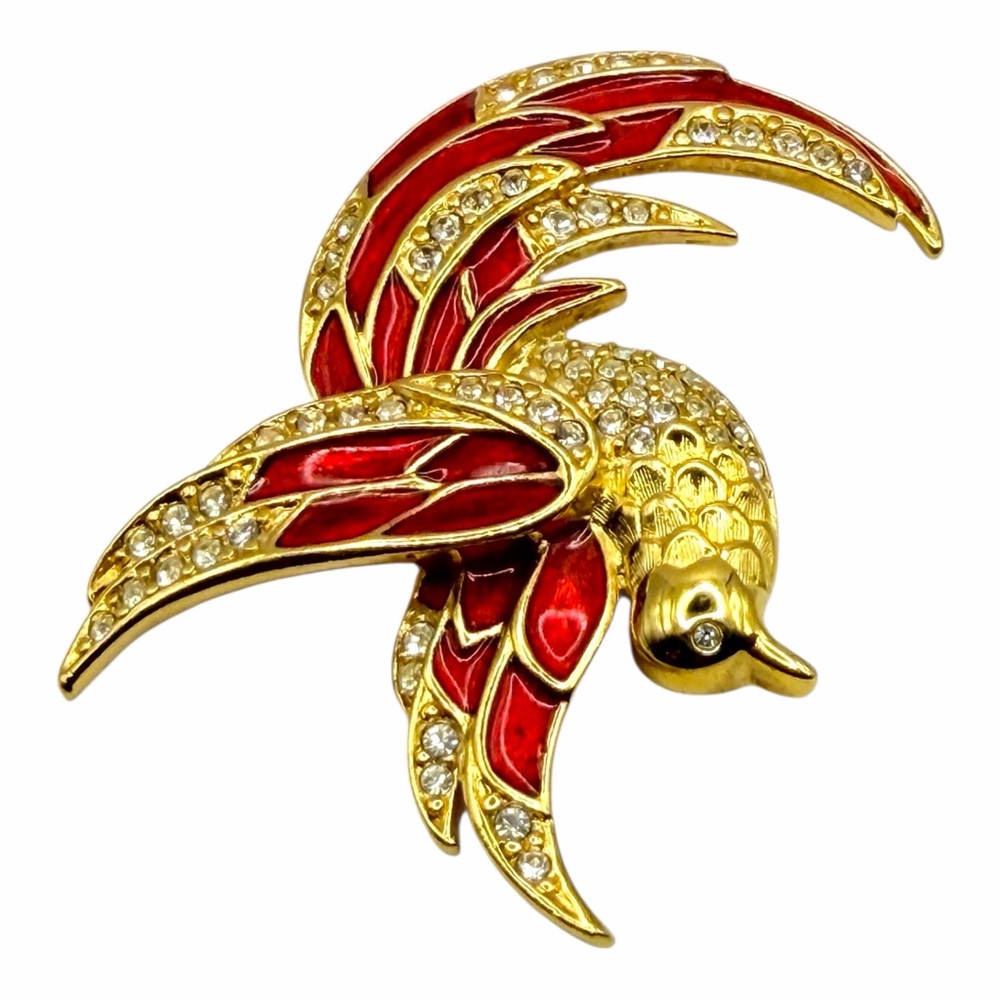 Vintage 90s Giorgio Bird Brooch Red Enamel Cubic Zirconias Gold Tone Plated Nwot - Picture 9 of 9